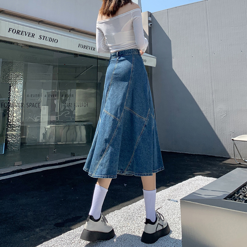 Skirts Vintage Women Denim Trumpet Skirt Streetwear Casual Irregular Patchwork A Line High Waist Ladies Mermaid Jean plaid Skirt 230313
