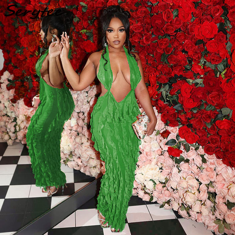 Elegant Ruffles Long Dress Women 2023 New Fashion Sexy Halter Deep V Neck Sleeveless Bodycon Evening Club Party Dresses Robe Transparent Summer New Women' Clothing, Green
Elegant Ruffles Long Dress Women 2023 New Fashion Sexy Halter Deep V Neck Sleeveless Bodycon Evening Club Party Dresses Robe Transparent Summer New Women' Clothing, Green