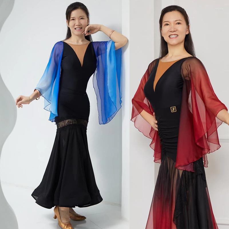 Stage Wear Floating Sleeved Tops Swing Skirt Suit Gradual Modern Dance Performance Costumes Women Latin Ballroom Clothing DQS12043, Red black suit
Stage Wear Floating Sleeved Tops Swing Skirt Suit Gradual Modern Dance Performance Costumes Women Latin Ballroom Clothing DQS12043, Red black suit