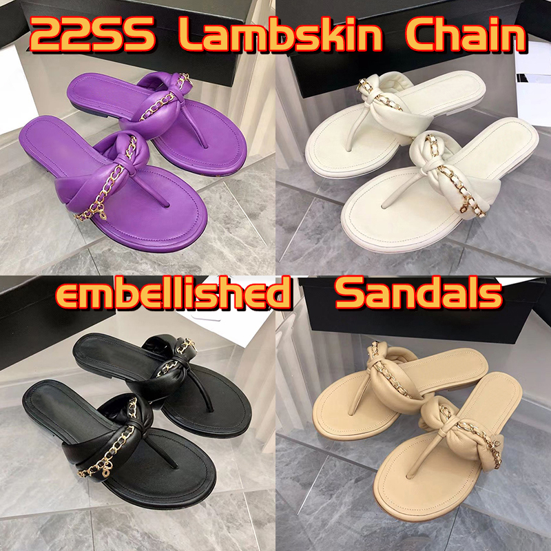 

2023 NEW cnel Luxury women 22SS Lambskin Slippers Chain embellished Interlocking Slide Sandals Black Beige White Dark Purple Fashion womens Summer Outsole Flats, 01 black