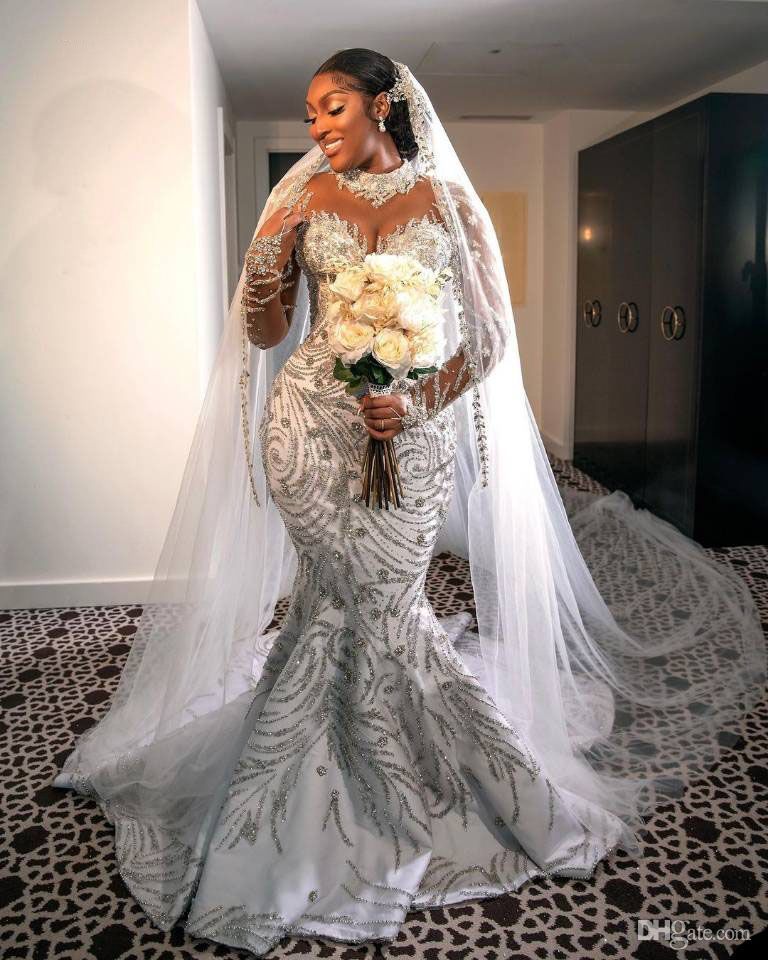 2023 Mermaid Wedding Dresses Bridal Gown Long Sleeves Ceystals Beaded High Neck Ruffles Sweep Train Satin Custom Made Country Plus Size Vestido De Nov
