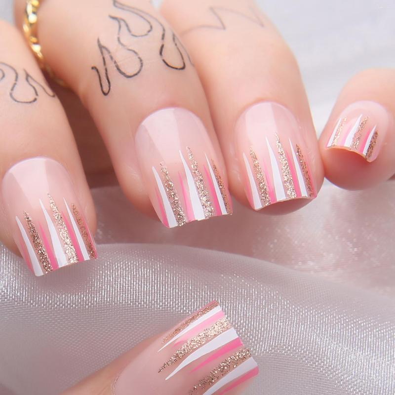 False Nails Rectang Pink French Gold Glitter Manual Doodle Art Design Press On Square Nude Fake Glossy Full Cover Nail, 205-o-601g
False Nails Rectang Pink French Gold Glitter Manual Doodle Art Design Press On Square Nude Fake Glossy Full Cover Nail, 205-o-601g