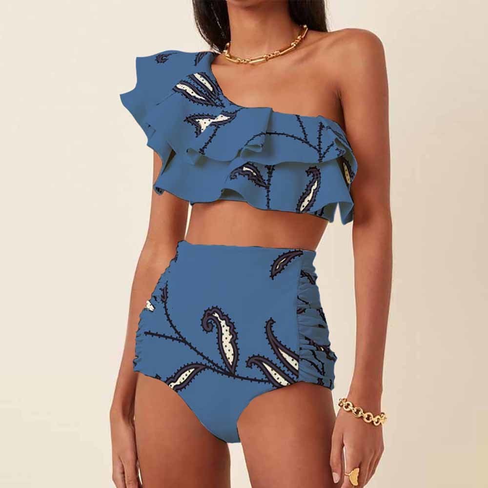 Women's Swimwear OneShoulder Swimsuit Fashion Beige Ruched Printed Bikini High Waist Bottom Beach Bathing Suit 230313