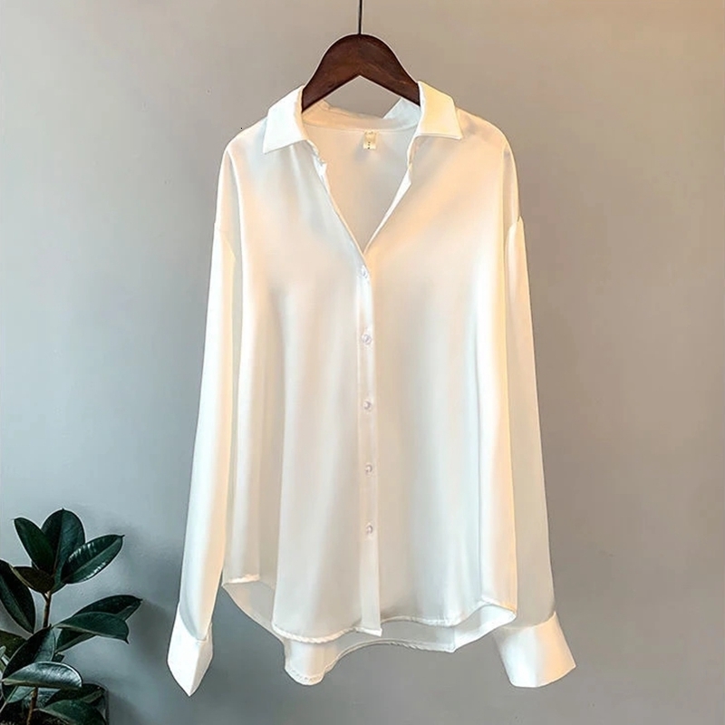 Women's Blouses Shirts Women's Long Sleeve Shirt Plus Size Fashion Loose Sexy White Camisas Mujer Elegant Korean Clothing Chiffon Silk Shirt