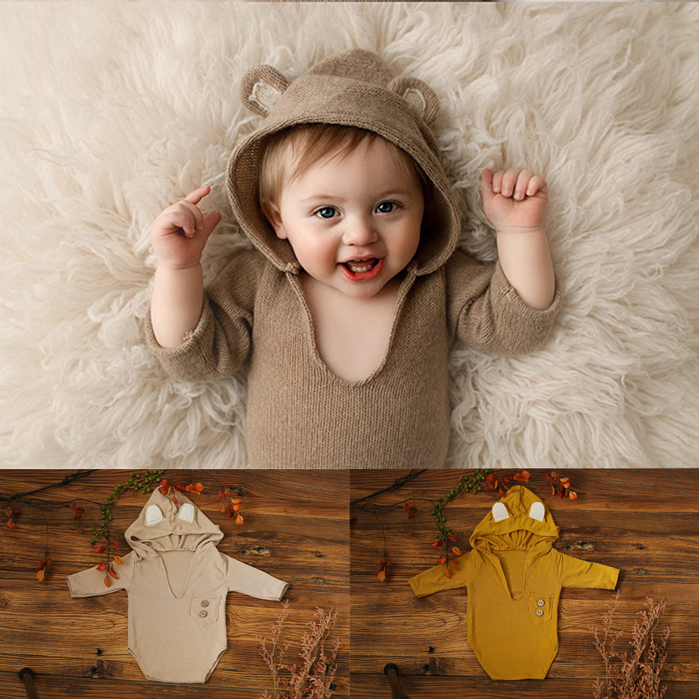 Caps Hats 1 Set Soft Elastic Baby hooded bodysuit born Pography Props for Baby Po Shoot Bebe Knit Sleeved Outfit Accessories 230313