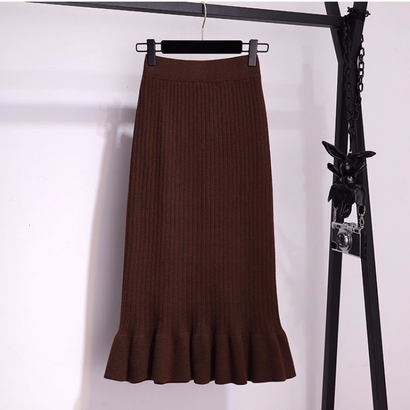 Skirts Women Elastic Waist Drawstring Skirts Knitted Medium Long Skirts Spring and autumn Midi Skirt Casual Office Female Skirts 230313