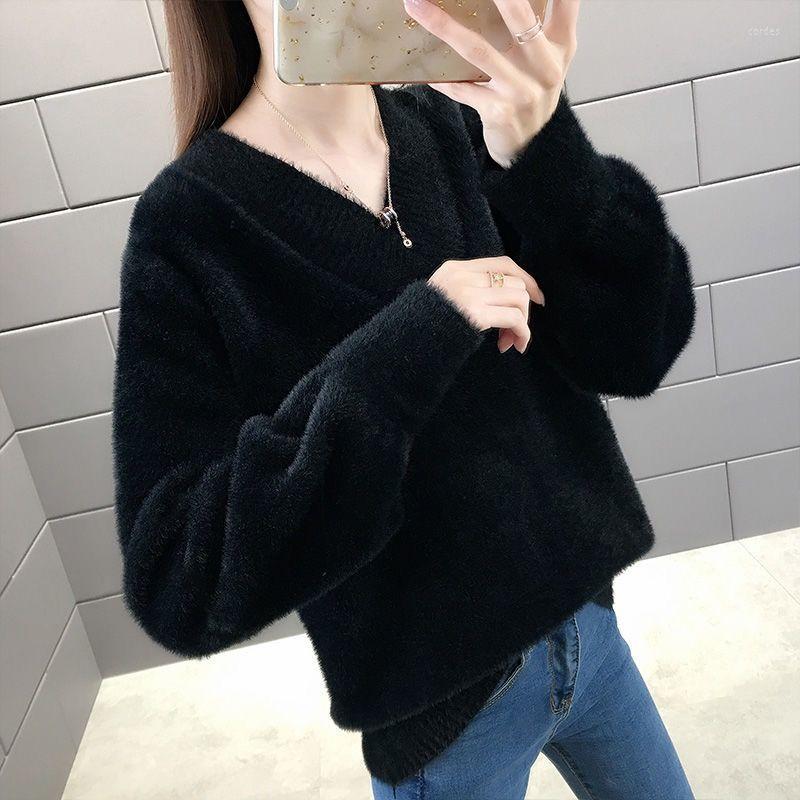 

Women' Sweaters Autumn Winter Fashion Imitation Mink V-Neck Sweater Lady Pullover Loose Outer Wear Thickened Spring Knitted Bottomed, Black