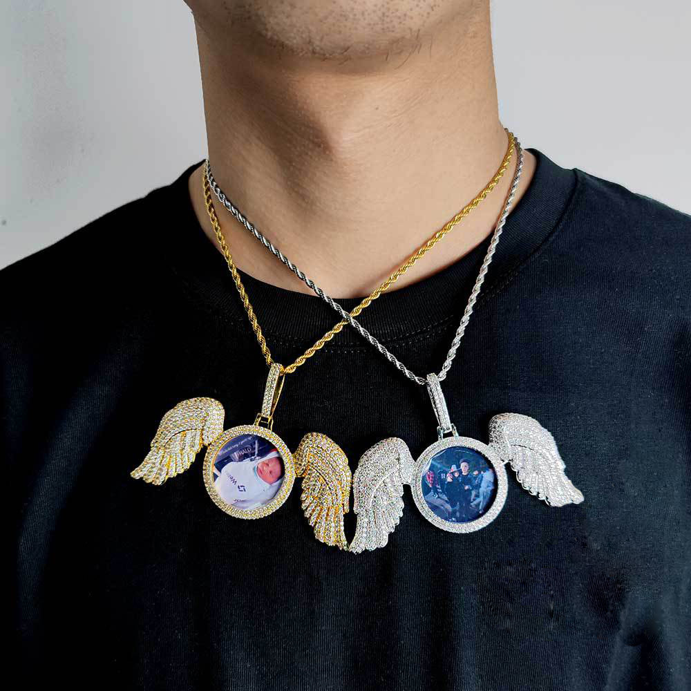 Hip Hop Big Angel Wings Custom Photo Pendant Necklace TopBling Zircon Diamond Jewelry