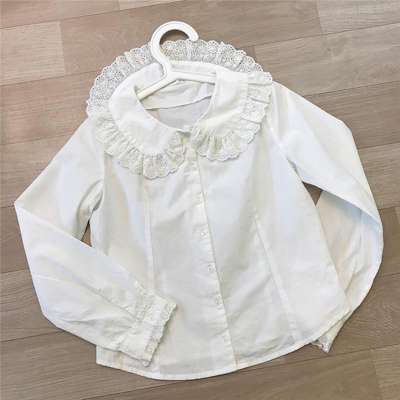 Women's Blouses Shirts Japanese Kawaii Sweet Womens White Blouses Cute Button Down Peter Pan Collar Lace Top Lolita Cotton Long Sleeve Vintage Sh