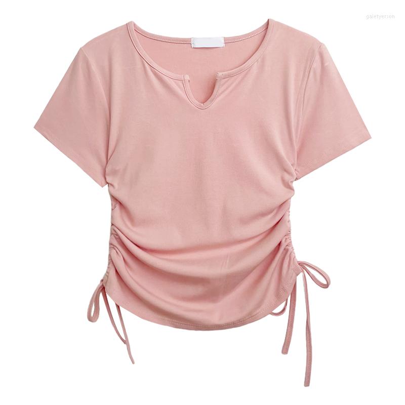 Women's T Shirts V-neck Solid Color Side Drawstring Pleated Waist Comfortable Stretch T-shirt, White
Women's T Shirts V-neck Solid Color Side Drawstring Pleated Waist Comfortable Stretch T-shirt, White
