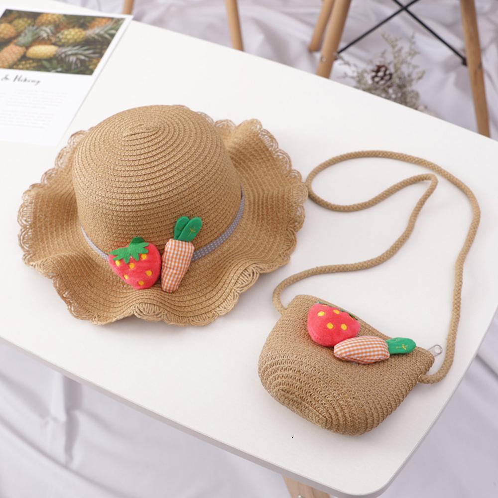 Caps Hats 2 Pcs/set Baby Girl With Bag Hat Hand Made Summer Carrot Bucket Cap Cute Strawberry Doll Crossbody Bag Straw Woven Accessories 230313