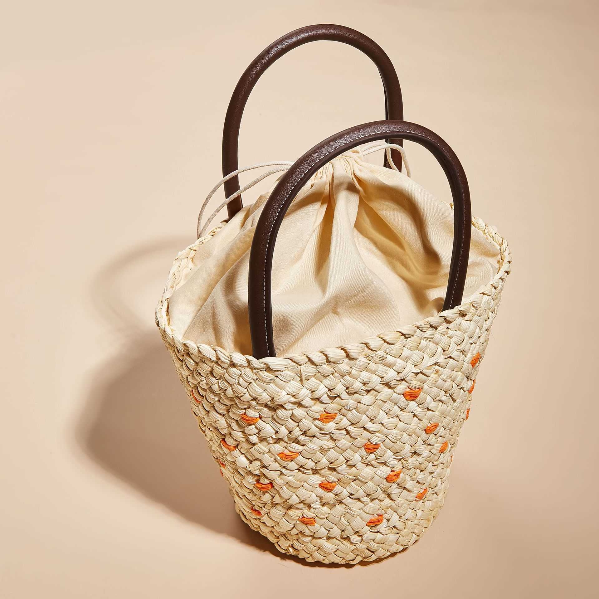 Corn Skin Holiday Embroidery Bag Fashion Drawstring Straw Woven Bag Women's Woven Bag Beach Bag 230313