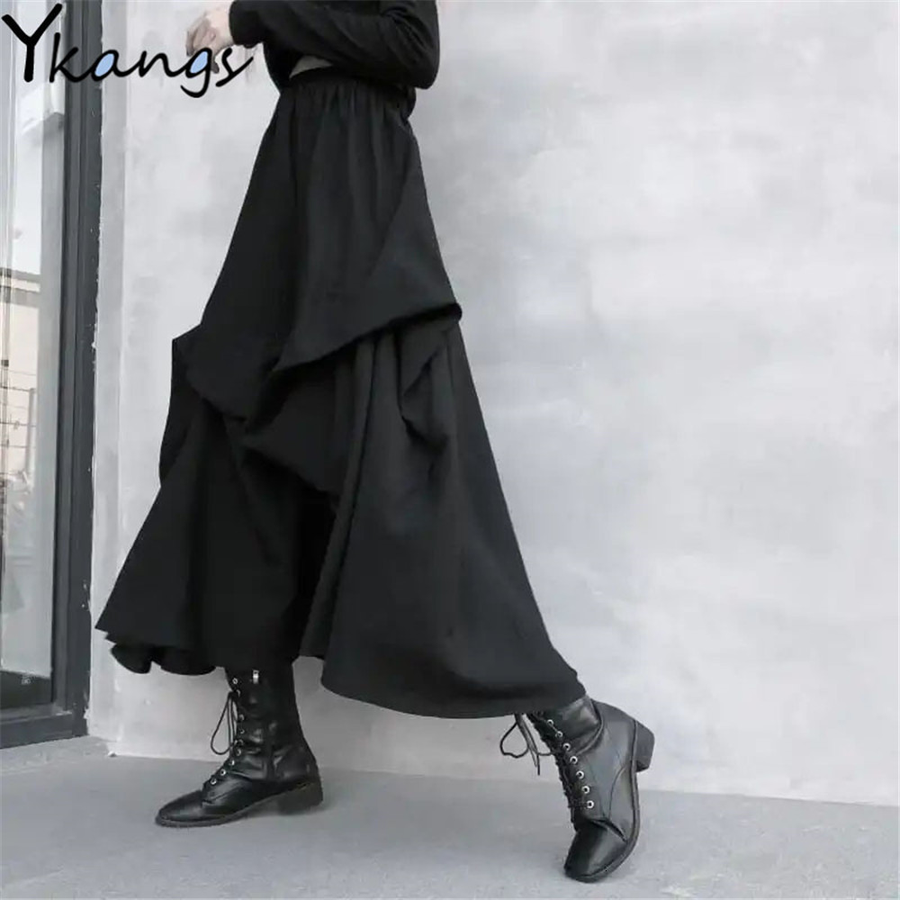 Skirts Gothic Black Long Skirts Women Harajuku Chic Hip Hop Irregular Elastic High Waist A-Line Skirt Female Dark Grunge Punk Skirt 230313