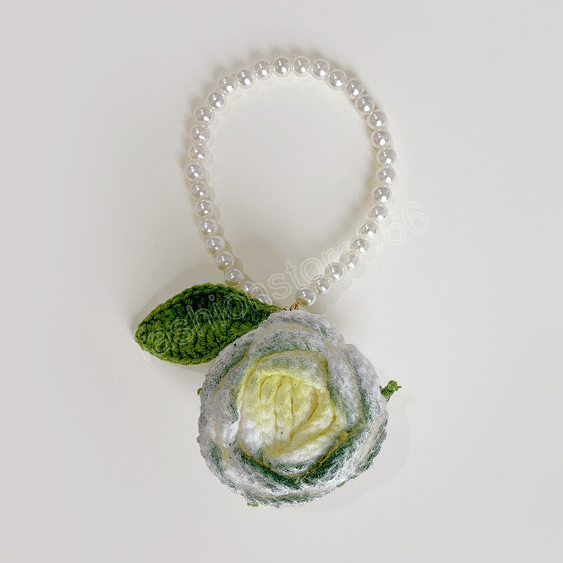 Korean Cute Keychains For Women Fabric Rose Pearl Woven Wristband Bracelet Key Chains Flowers Pendant Car Keyring