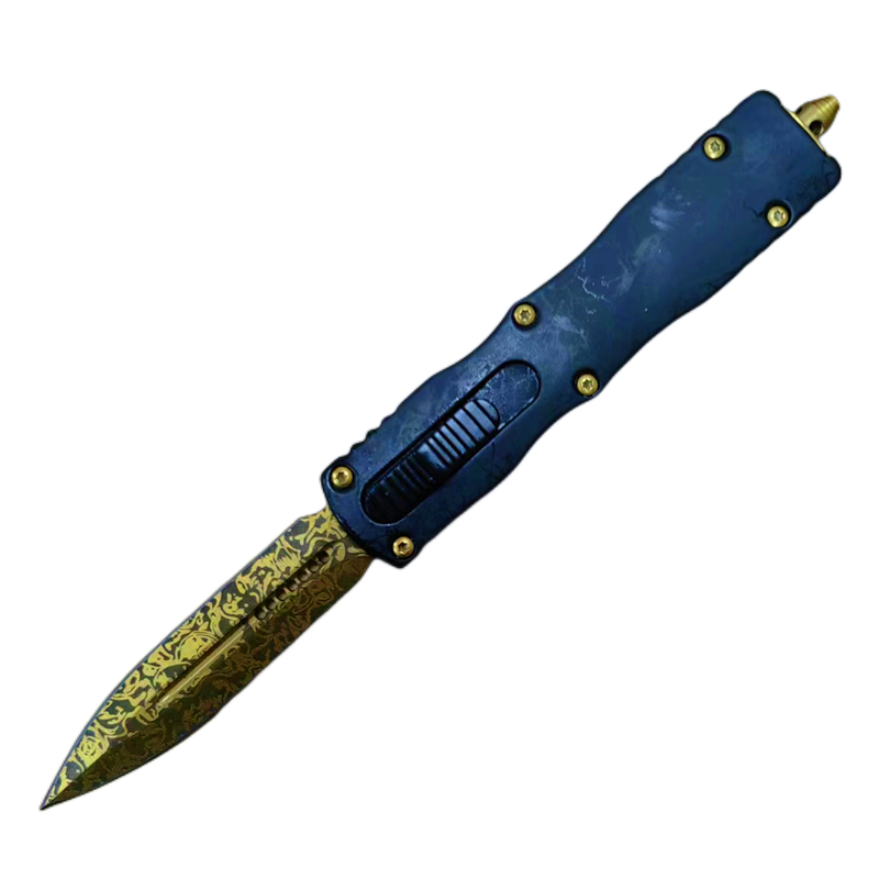 7.5 Inch Tactical Automatic Knife Black Handle Floral Patterned Gold Double Edge Self Defense Tool
7.5 Inch Tactical Automatic Knife Black Handle Floral Patterned Gold Double Edge Self Defense Tool