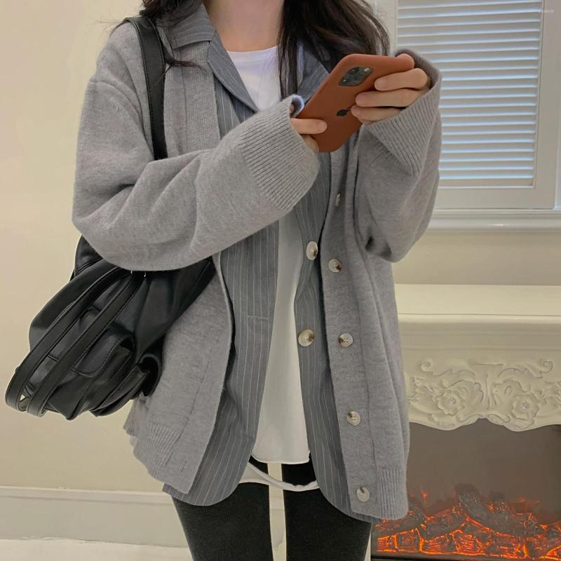 Women's Jackets Fake Two-piece Women Jacket Coat Female Spring Autumn 2023 Loose Knitted Stitching Grils Fashion Cardigan Top, Black