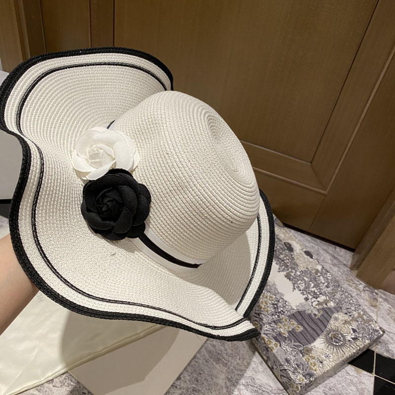 Lotus Leaf Elegant Lady Wide Brim Hats Double Color Camellia Women Straw Hats Striped Ribbon Dome Sun Hats