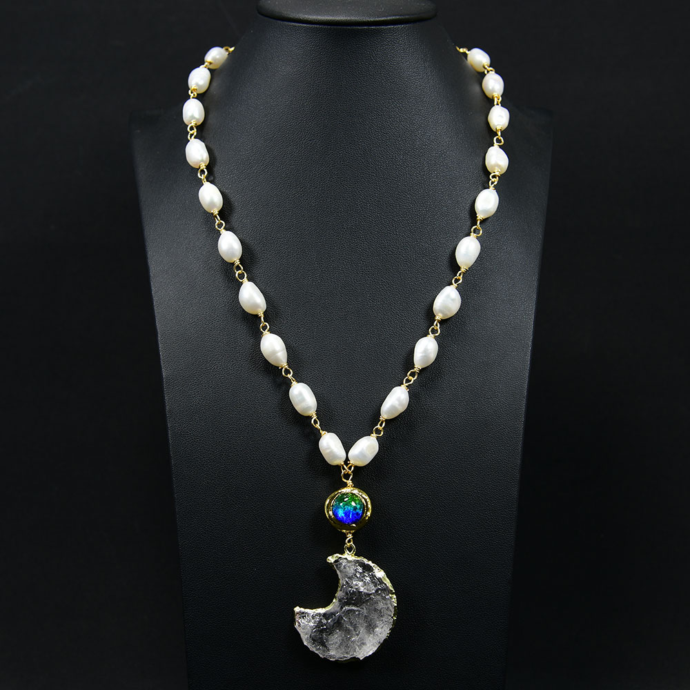 Freshwater Cultured White Keshi Pearl Necklace Clear Quartz Rough Crescent Moon Murano Glass Pendant Fashion Gifts
Freshwater Cultured White Keshi Pearl Necklace Clear Quartz Rough Crescent Moon Murano Glass Pendant Fashion Gifts