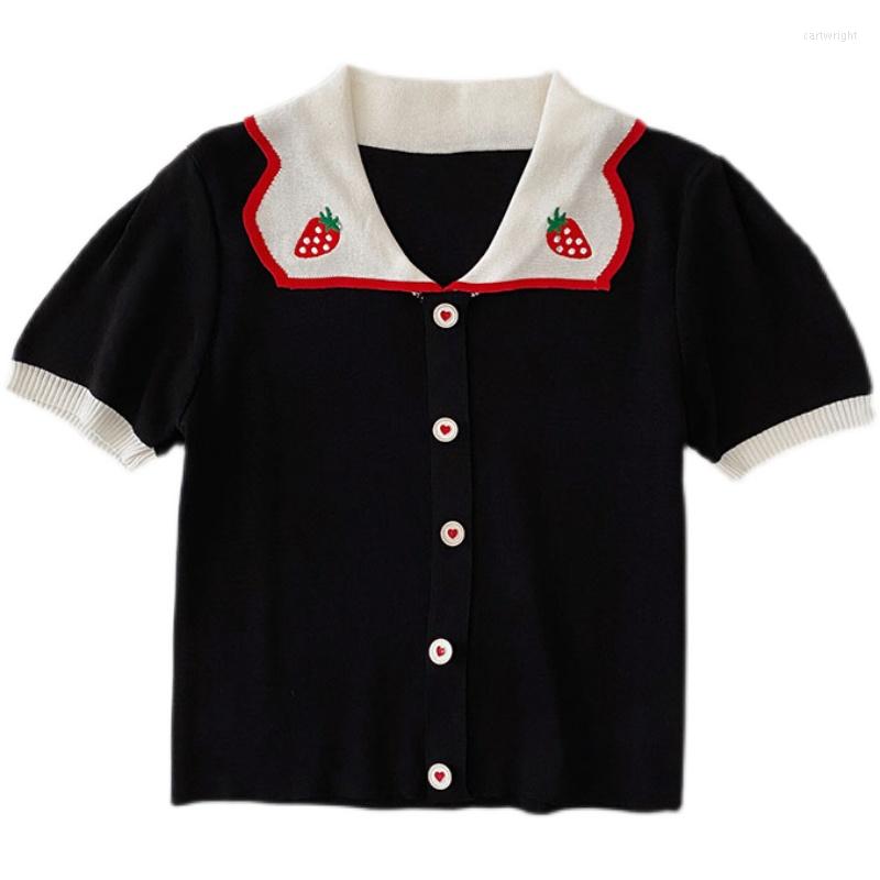 Women's T Shirts Summer Korean Style Slim Strawberry Embroidery Sweet Short-sleeved Knitted T-shirt Women, Black
Women's T Shirts Summer Korean Style Slim Strawberry Embroidery Sweet Short-sleeved Knitted T-shirt Women, Black
