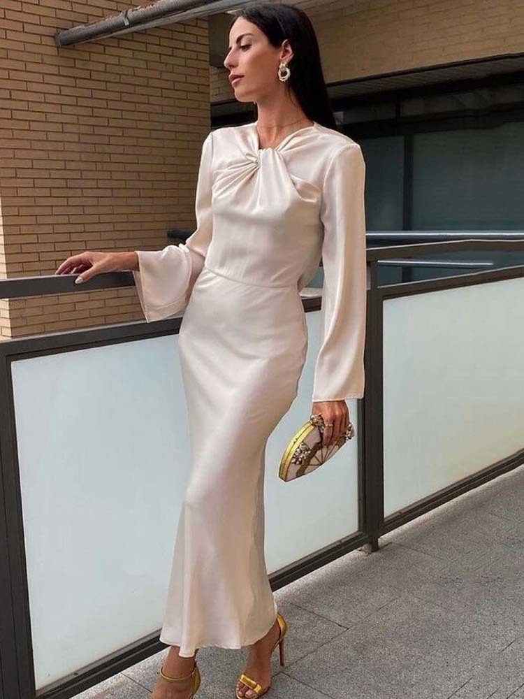 Casual Dresses KLKXMYT TRAF Satin Long Dress Women Backless Maxi Dress Woman Autumn Knot Party Dresses for Women Long Sleeve Female Dress 230313