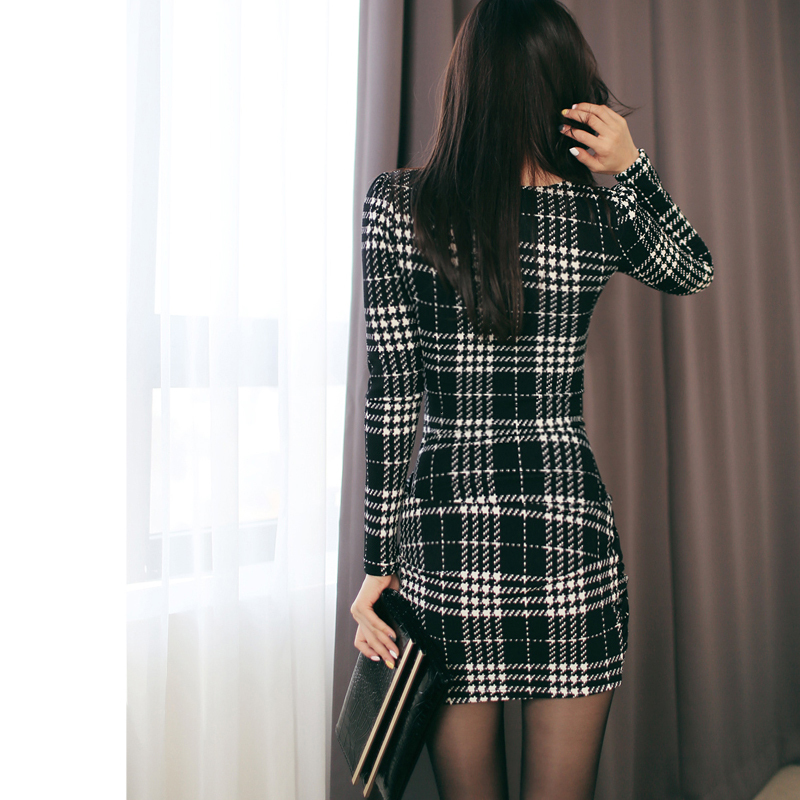 Casual Dresses Sexy Vintage Plaid Dresses Spring Women Long Sleeve Bodycon Office Business Work Dress Club Party Pencil Dress YH129 230313