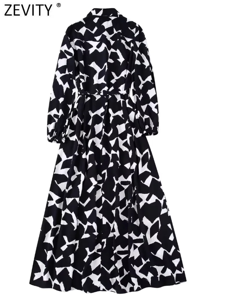 Casual Dresses Zevity Women Vintage Graffiti Print Casual Slim Sashes Midi Shirt Dress Female Chic Long Sleeve Business Vestidos DS2061 230313