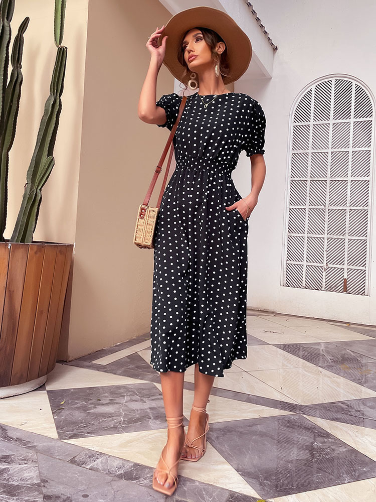 Casual Dresses JIM NORA Elegant Summer Beach Sundress Midi Dress Women Boho Chiffon Polka Dot Casual Mid-length Temperament Retro Dresses 230313