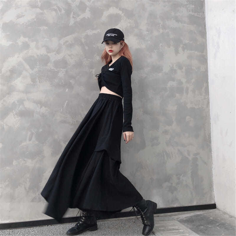 Skirts Gothic Black Long Skirts Women Harajuku Chic Hip Hop Irregular Elastic High Waist A-Line Skirt Female Dark Grunge Punk Skirt 230313