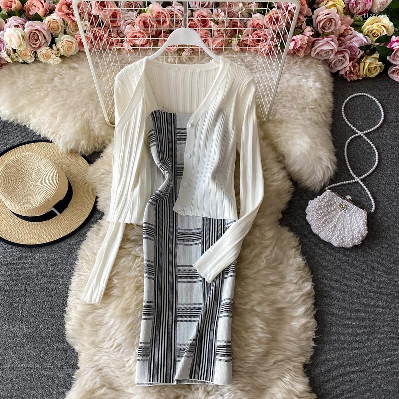 Casual Dresses V-neck Knitted Short Cardigan Coat And Sexy Spaghetti Strap Dress Slip Plaid Women Fashion Two Piece Suits, Black
Casual Dresses V-neck Knitted Short Cardigan Coat And Sexy Spaghetti Strap Dress Slip Plaid Women Fashion Two Piece Suits, Black