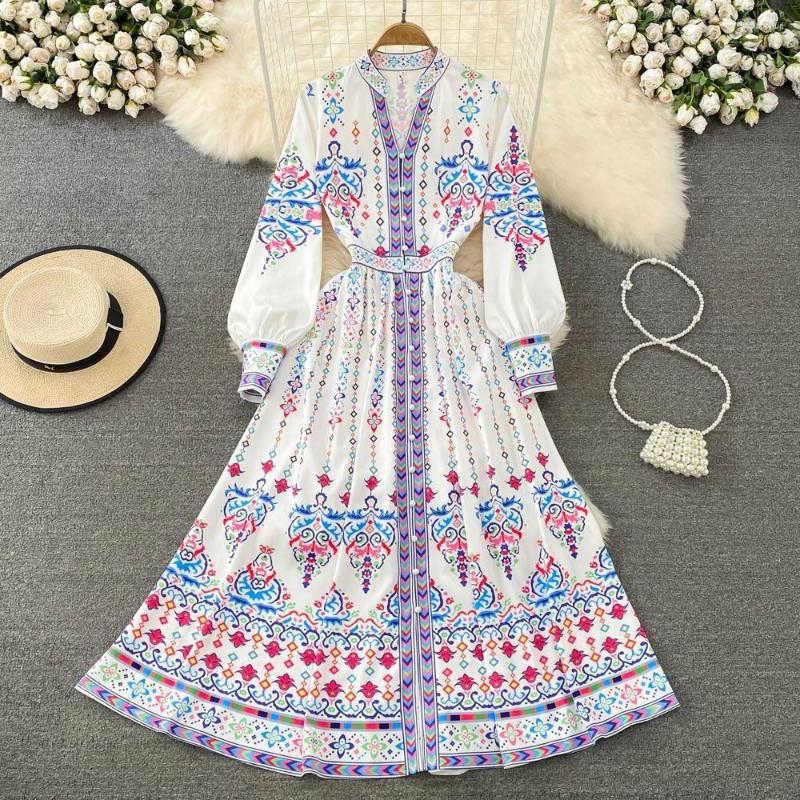 Casual Dresses Merchall Runway Autumn Vintage Party Dress Women' V-Neck Long Sleeve Floral Print Single Breasted High Waist Maxi, White
Casual Dresses Merchall Runway Autumn Vintage Party Dress Women' V-Neck Long Sleeve Floral Print Single Breasted High Waist Maxi, White