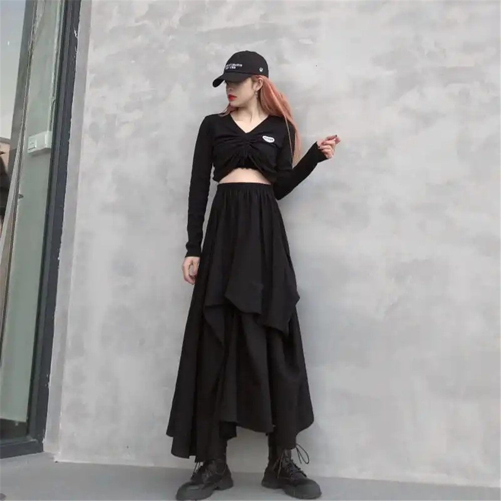 Skirts Gothic Black Long Skirts Women Harajuku Chic Hip Hop Irregular Elastic High Waist A-Line Skirt Female Dark Grunge Punk Skirt 230313
