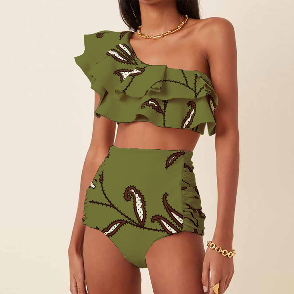Women's Swimwear OneShoulder Swimsuit Fashion Beige Ruched Printed Bikini High Waist Bottom Beach Bathing Suit 230313