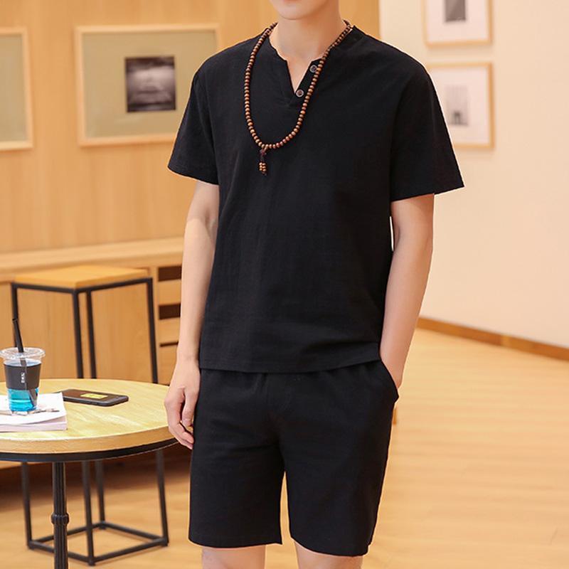 Men's T-Shirts Summer Linen Cotton T-shirt Men's Set Chinese Style Short Sleeve Sportswear Pants 2 Piece Sets Men Tracksuit Solid Suit 23031