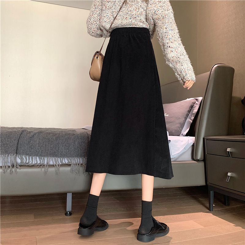 Skirts Autumn Winter Women's Corduroy Midi Skirts Vintage Brown Black High Waist A-line Skirts Female Fashion Long Skirt 230313