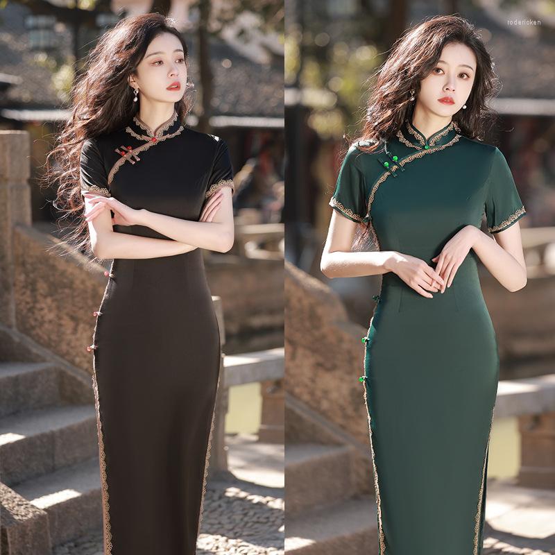 Ethnic Clothing Sexy Lace Trim Mandarin Collar Handmade Buttons Chinese Women Qipao Elegant Short Sleeve Solid Color Satin Long Style
Ethnic Clothing Sexy Lace Trim Mandarin Collar Handmade Buttons Chinese Women Qipao Elegant Short Sleeve Solid Color Satin Long Style