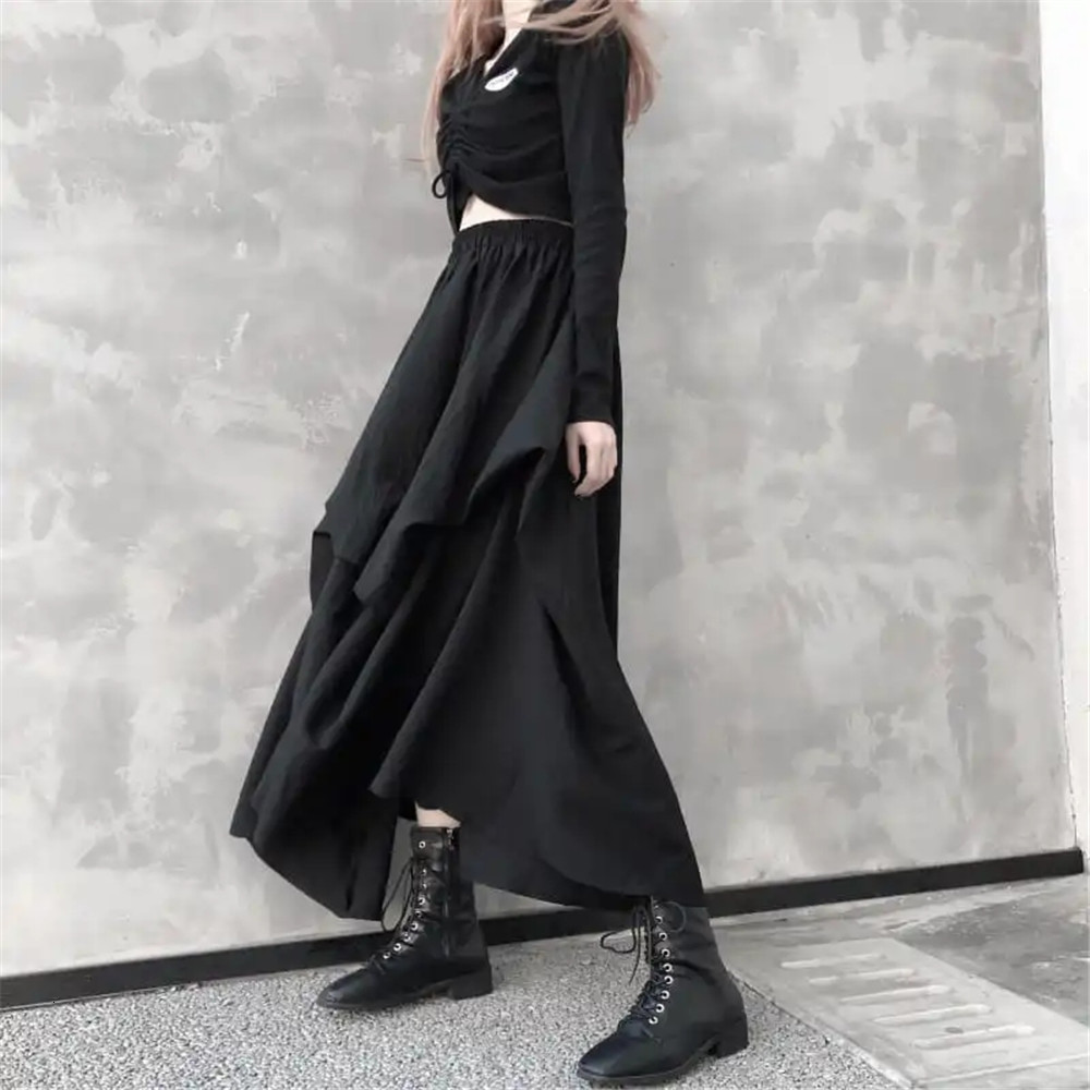 Skirts Gothic Black Long Skirts Women Harajuku Chic Hip Hop Irregular Elastic High Waist A-Line Skirt Female Dark Grunge Punk Skirt 230313