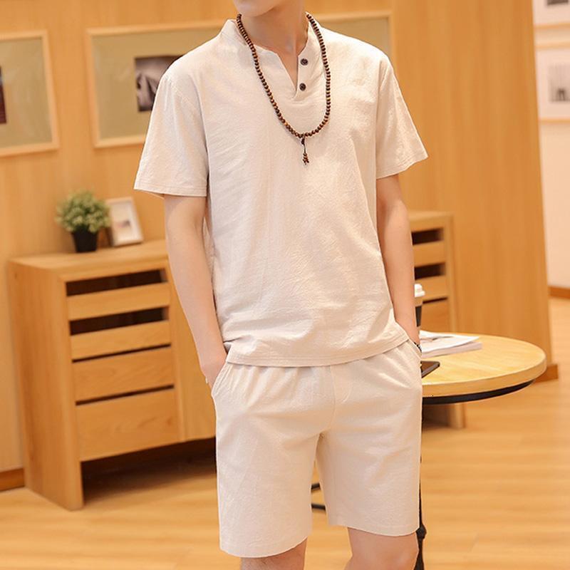 Men's T-Shirts Summer Linen Cotton T-shirt Men's Set Chinese Style Short Sleeve Sportswear Pants 2 Piece Sets Men Tracksuit Solid Suit 23031