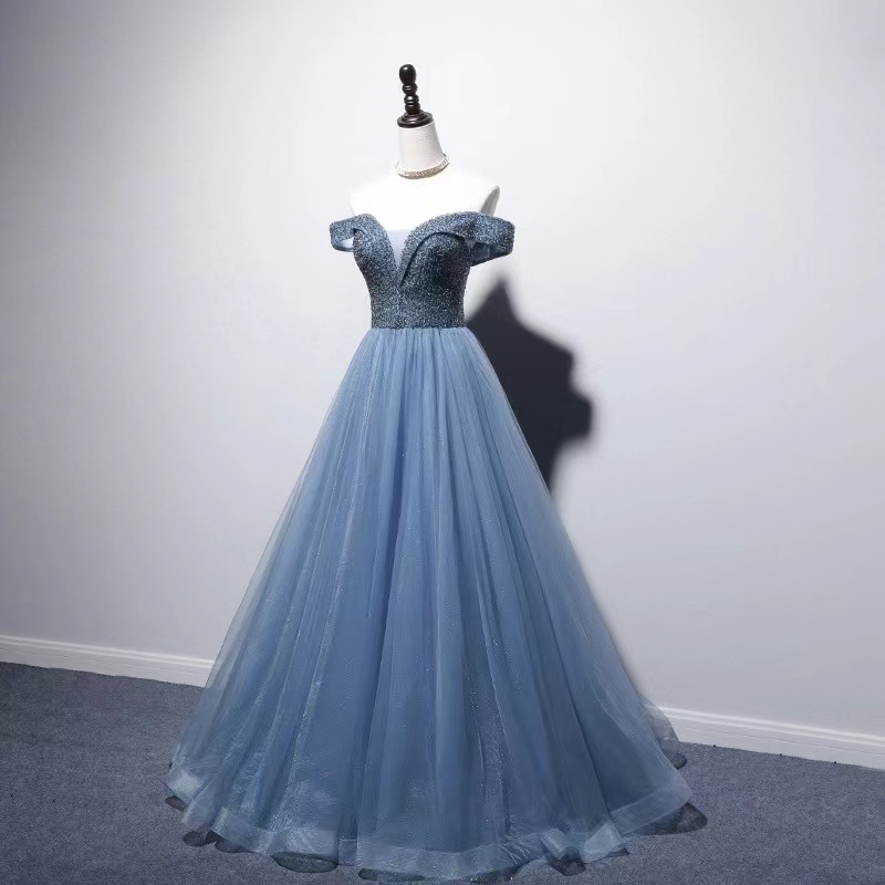 Palace Blue Prom Dresses A-line Off The Shoulder Luxury Sparkling Bead Tulle High-end Lace-up Back Floor-Length Evening Gown New
Palace Blue Prom Dresses A-line Off The Shoulder Luxury Sparkling Bead Tulle High-end Lace-up Back Floor-Length Evening Gown New