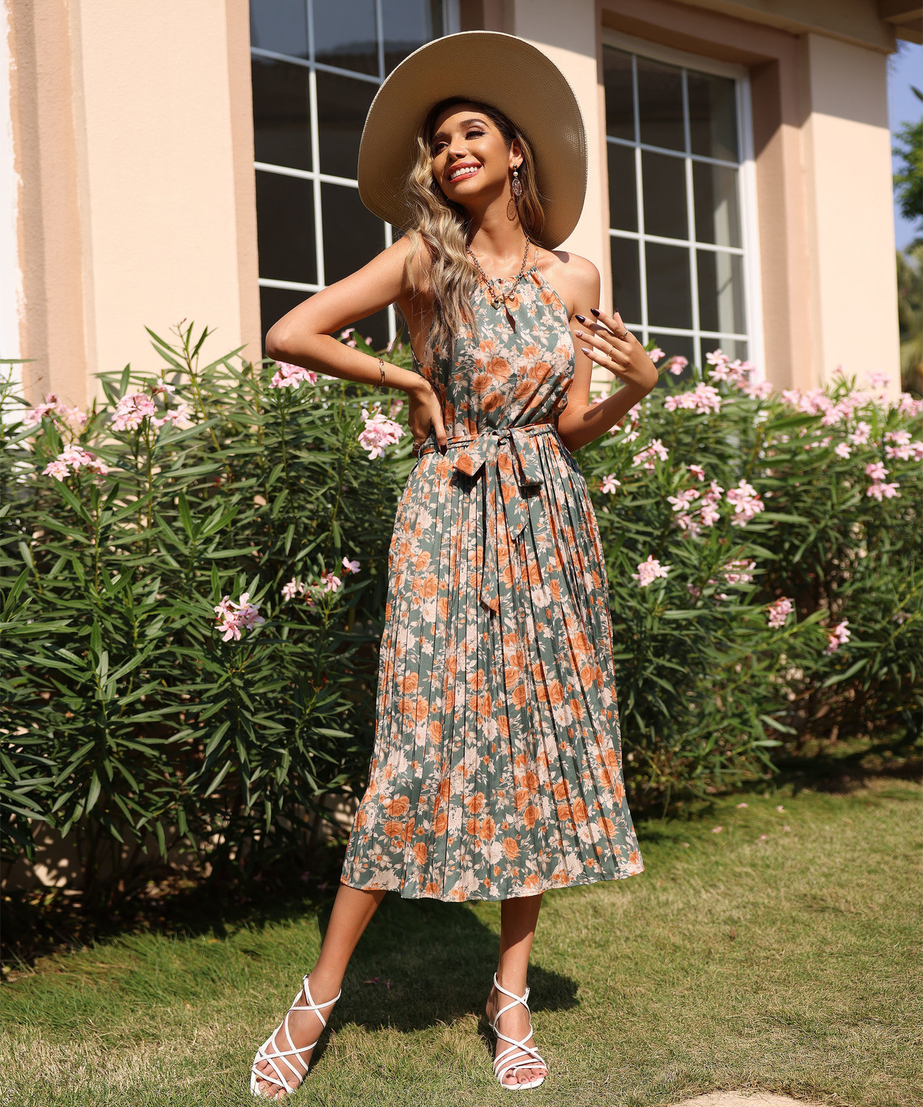Casual Dresses JIM NORA Women Summer Off Shoulder Hanging Neck Floral Ruffle Long Dress Elegant Pleated Loose Dresses Casual Holiday 230313