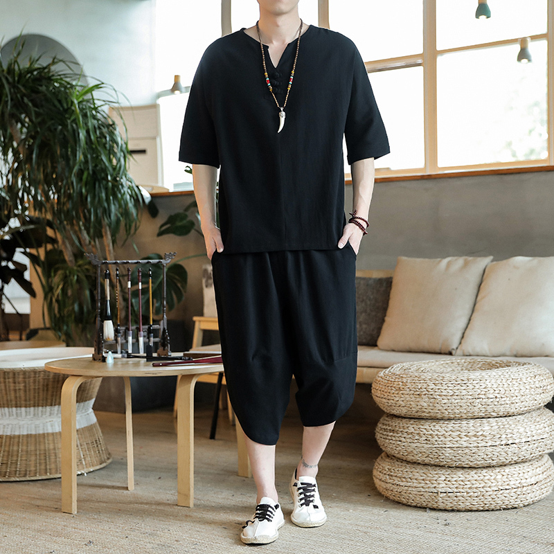 Men's T-Shirts Arrival Summer Men's Cotton and Linen Short Sleeve T-shirtCalf-Length Pant Set Solid ShirtTrousers Home Suit Male M-5XL 23031