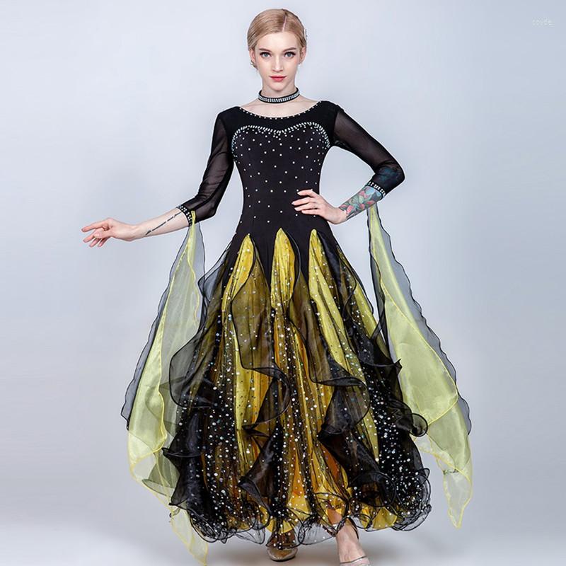 Stage Wear Boat Neck Contrast Color Design Ballroom Dance Competition Dresses Women Standard Dress Waltz Costumes Foxtort, Yellow
Stage Wear Boat Neck Contrast Color Design Ballroom Dance Competition Dresses Women Standard Dress Waltz Costumes Foxtort, Yellow