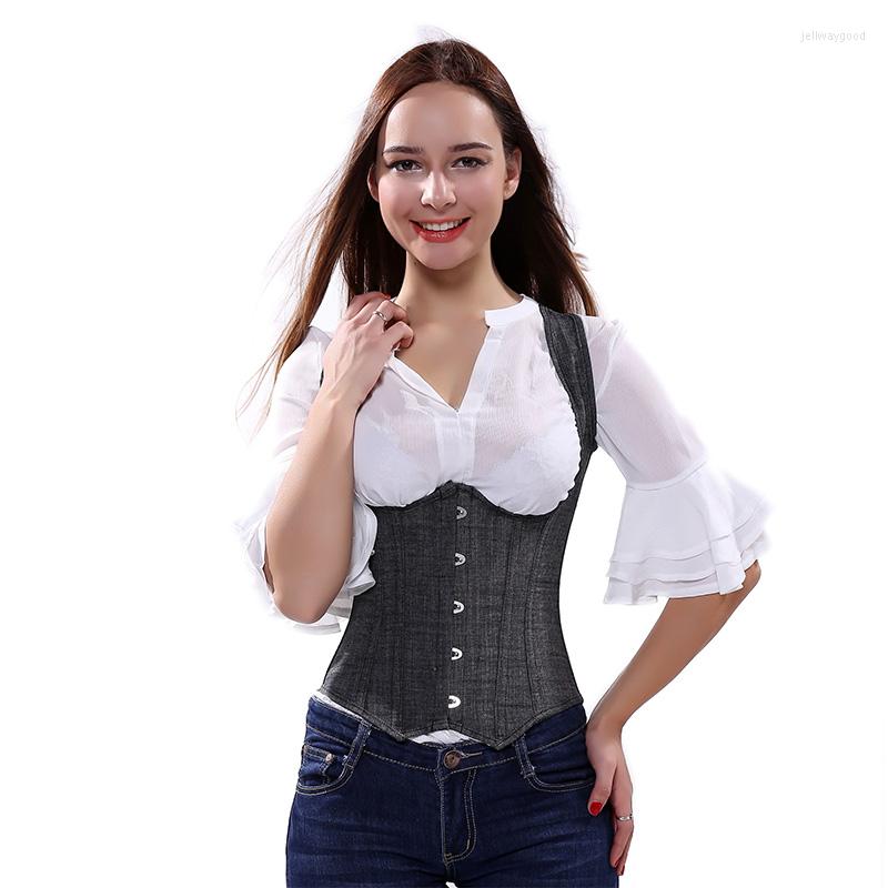 Bustiers & Corsets Women' Sexy Straps Corset Top Gothic Steampunk Double Shoulder Lace Up Waist Trainer Slim Underbust Shapewear, Gray