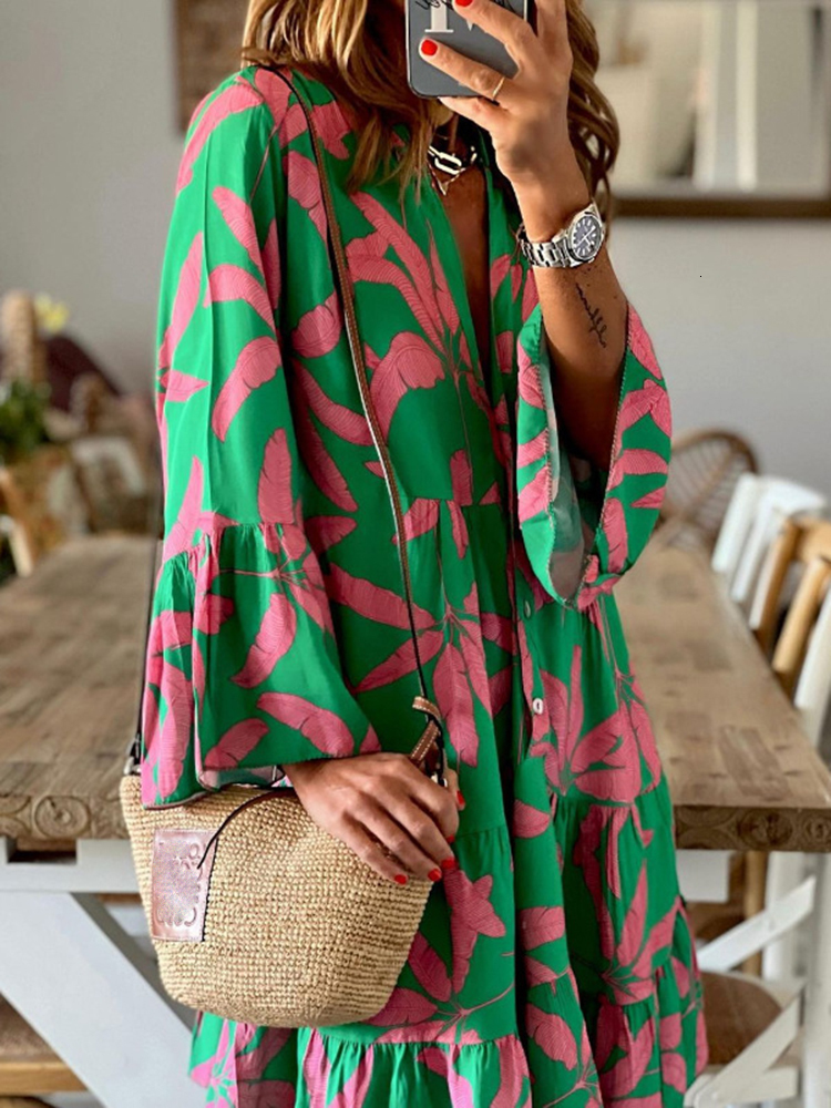 Casual Dresses Elegant Boho Print Dress Women V-neck Flare Sleeve Casual Loose A-line Dress Spring Ladies Vacation Shirt Dresses Vestidos 230313