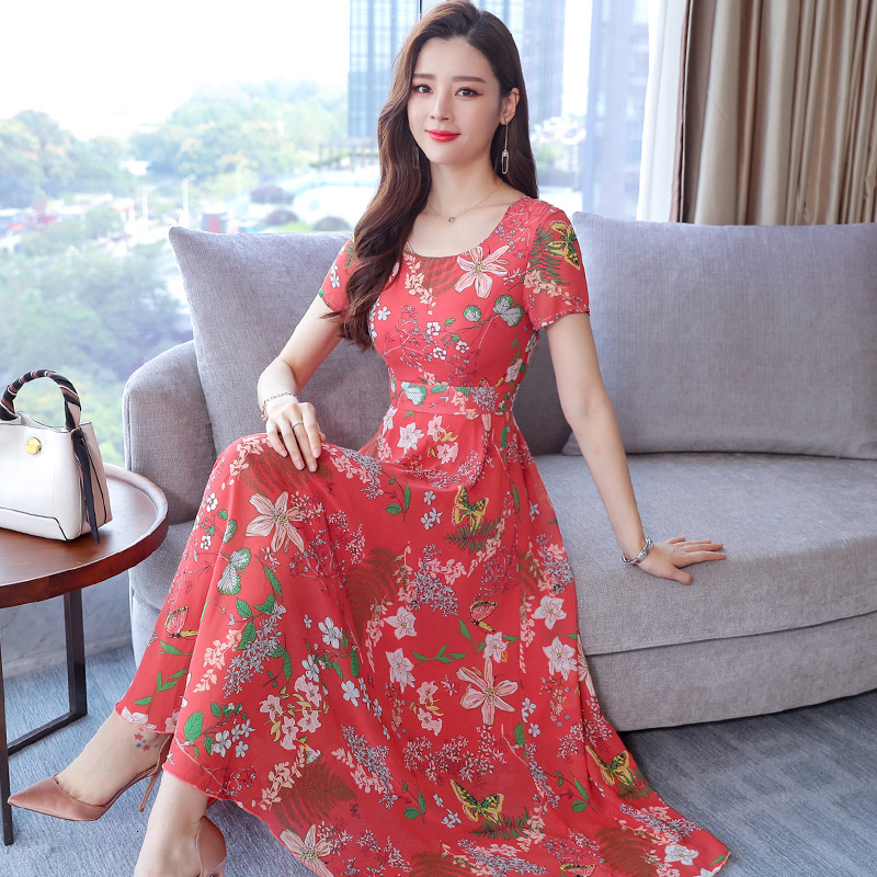 Casual Dresses summer Korean dress women's Casual Short Sleeve temperament large yellow red flower round neck dress 230313