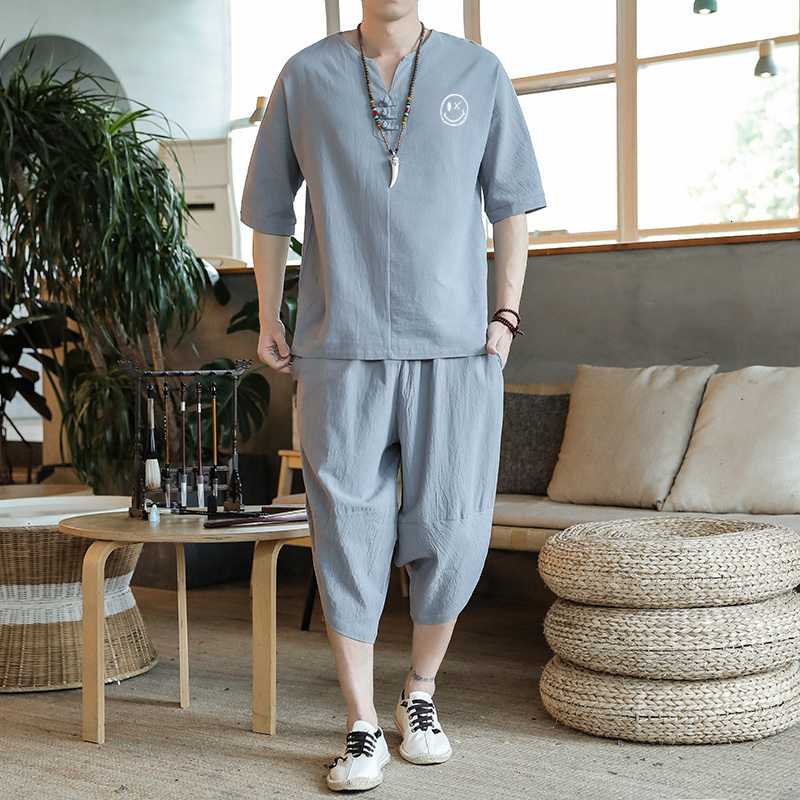 Men's T-Shirts Arrival Summer Men's Cotton and Linen Short Sleeve T-shirtCalf-Length Pant Set Solid ShirtTrousers Home Suit Male M-5XL 23031