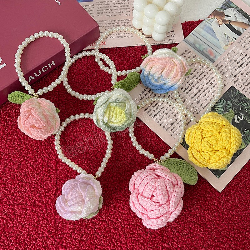 Korean Cute Keychains For Women Fabric Rose Pearl Woven Wristband Bracelet Key Chains Flowers Pendant Car Keyring