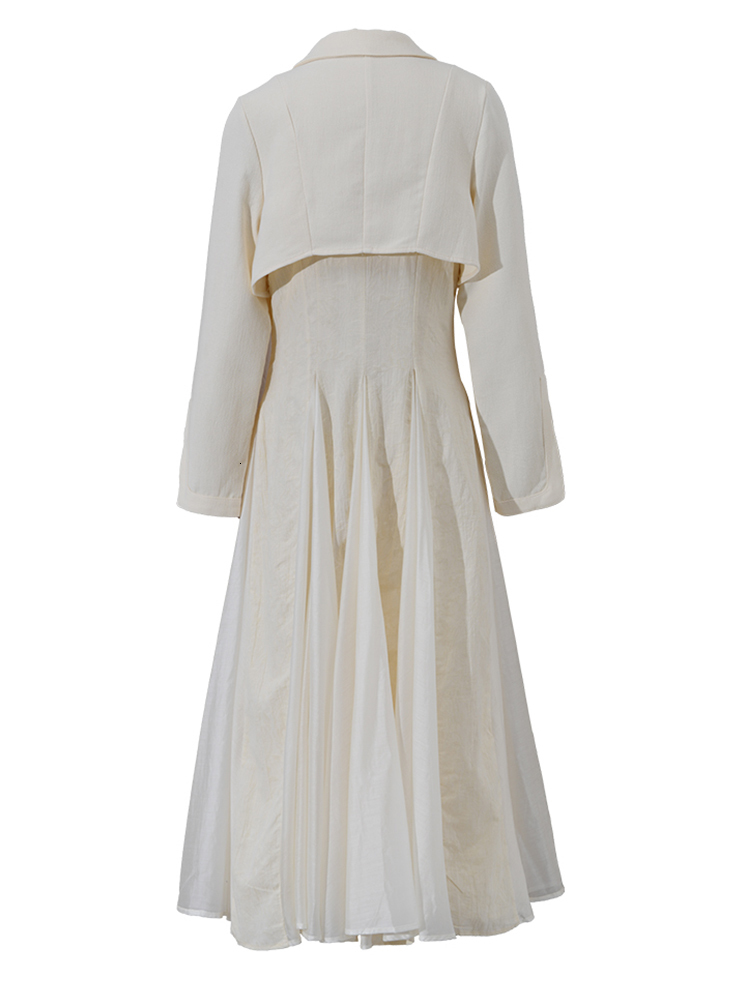 Casual Dresses EAM Women Beige Pleated Liene Long Elegant Dress Lapel Neck Long Sleeve Loose Fit Fashion Spring Autumn 3W6617 230313