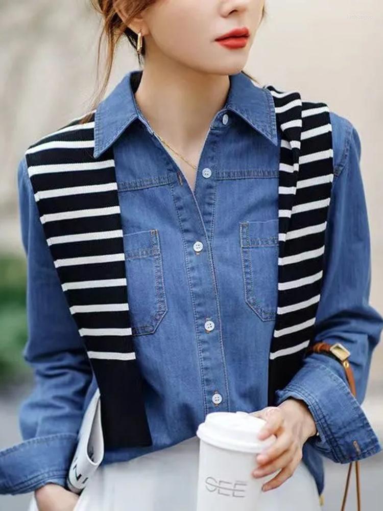 Women's Blouses Classic Vintage Single-breasted Pocket Blouse Femme Fashion Loose Polo-neck Cardigan Top All-match Long Sleeve Shirt, Blue
Women's Blouses Classic Vintage Single-breasted Pocket Blouse Femme Fashion Loose Polo-neck Cardigan Top All-match Long Sleeve Shirt, Blue