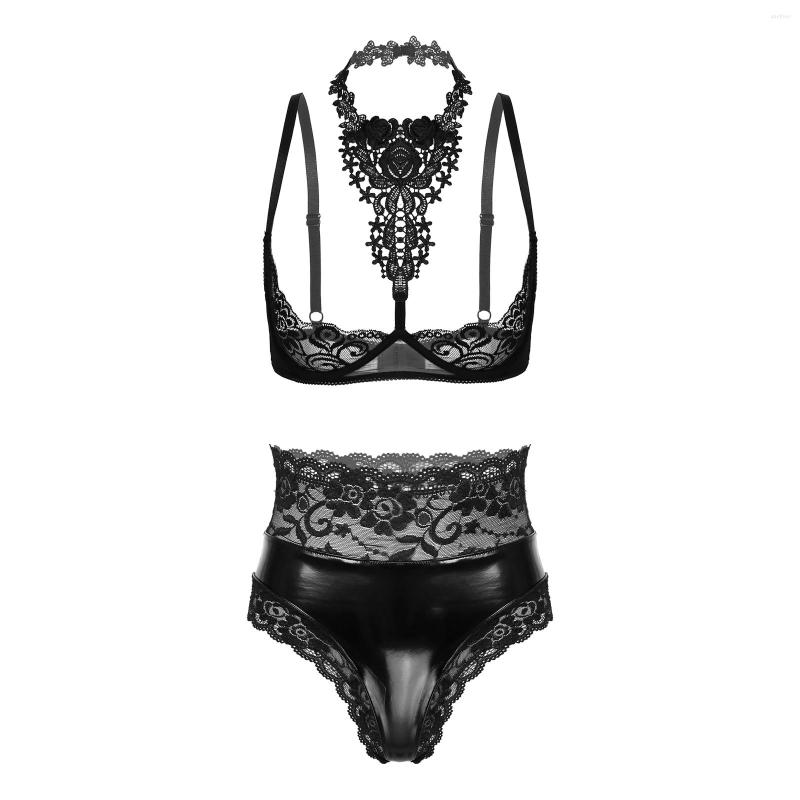 Bras Sets Women Sexy Lingerie Exotic Underwear Halter Neck Bra Top Patent Leather Briefs Hollow Out See-through Floral Lace Nightwear, Black
Bras Sets Women Sexy Lingerie Exotic Underwear Halter Neck Bra Top Patent Leather Briefs Hollow Out See-through Floral Lace Nightwear, Black