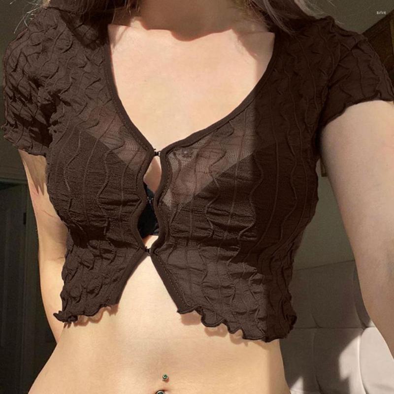 Women' Blouses V-neck Ruffle Sheer Short Sleeve Sexy Top Hook Clasp Closure See-through Net Yarn Crop Cardigan Female Clothing Y2k Clothes, Brown
Women' Blouses V-neck Ruffle Sheer Short Sleeve Sexy Top Hook Clasp Closure See-through Net Yarn Crop Cardigan Female Clothing Y2k Clothes, Brown